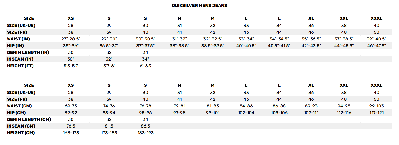 2026 QUIKSILVER MENS JEANS  Size Chart